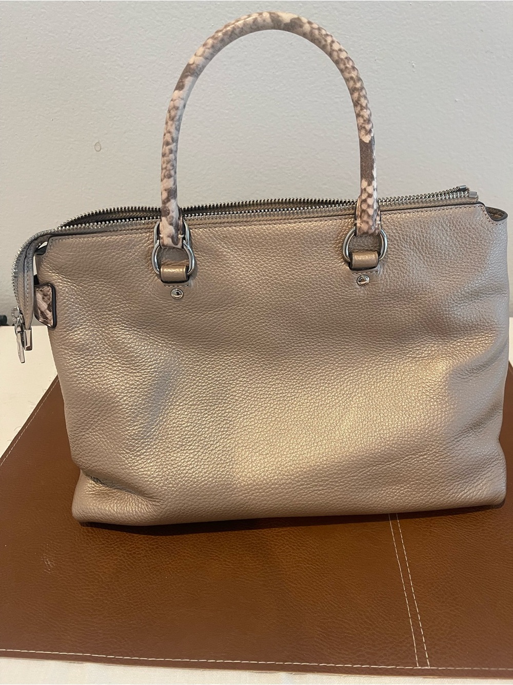 Coach Pebble Leather Satchel in Taupe with Snake-Print Handles - Picture 4 of 6